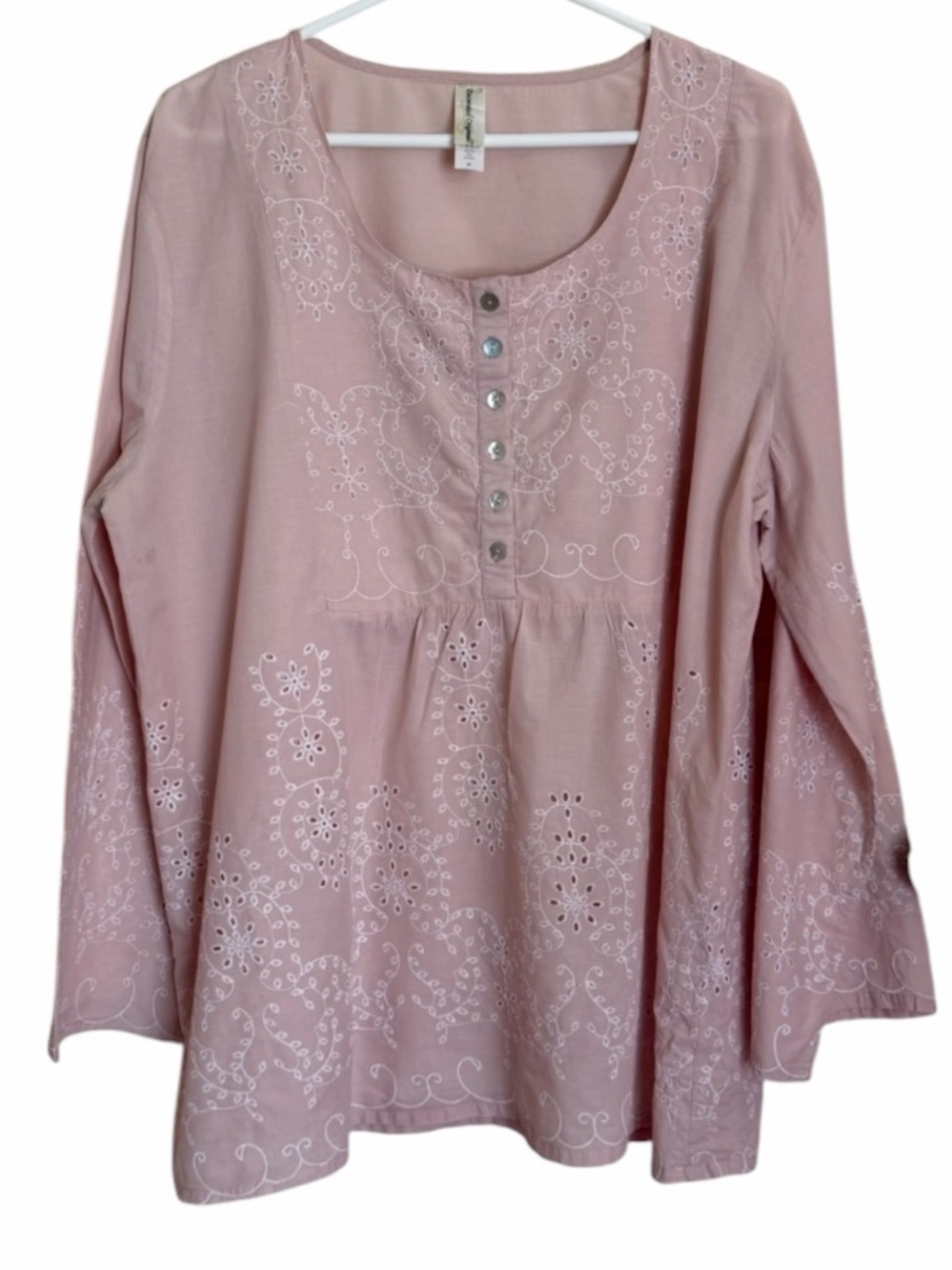 Embroidered Pink Peasant Blouse with Button Front. Size 3X